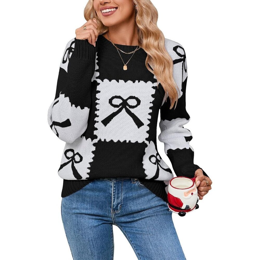 Women's Color Block Knit Sweater Medium Casual Long Sleeve Pullover